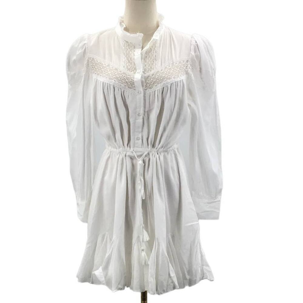AaKaa SZ S White Lace Cotton Belted Long Sleeve Flutter Mini Dress B21